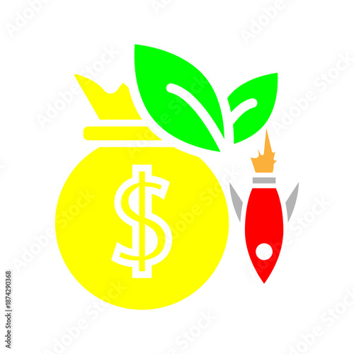 Minimal line icon depicting a money bag with leaves and a rocket launch, symbolizing investment growth, financial success, and rapid business expansion.
