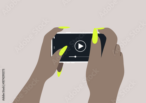 In a lively atmosphere, a pair of hands grasps a mobile phone horizontally, showcasing bright neon colored stiletto nails as they engage, capturing and sharing joyful experiences in harmony.