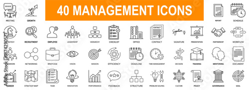 A versatile collection of forty essential business management line icons illustrating corporate operations, strategic planning, human resources, and organizational development concepts in a modern