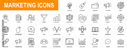 An extensive set of minimalist outline vector graphics depicting contemporary marketing initiatives and digital commerce elements ideal for illustrating presentations and online platforms effectively.