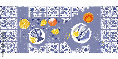 Decorative blue tile pattern with citrus fruits and seafood illustrations