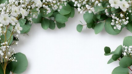 Eucalyptus leaves and baby's breath flowers framing white background, creating elegant border space with natural copy