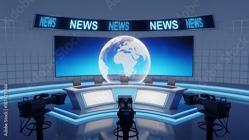 Global news broadcast studio with digital earth display