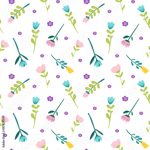 Seamless spring floral pattern with cute flowers and bees in a modern hand-drawn vector style. Perfect for fabric, wallpaper, stationery, packaging, kids products, branding and digital backgrounds