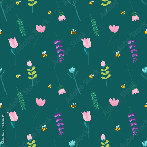 Seamless spring floral pattern with cute flowers and bees in a modern hand-drawn vector style. Perfect for fabric, wallpaper, stationery, packaging, kids products, branding and digital backgrounds