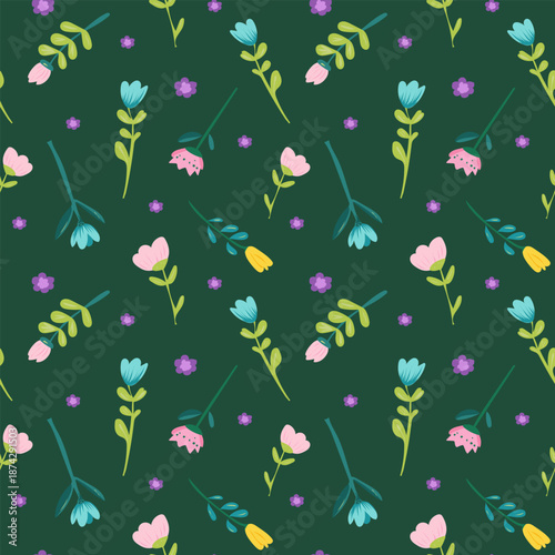 Seamless spring floral pattern with cute flowers and bees in a modern hand-drawn vector style. Perfect for fabric, wallpaper, stationery, packaging, kids products, branding and digital backgrounds