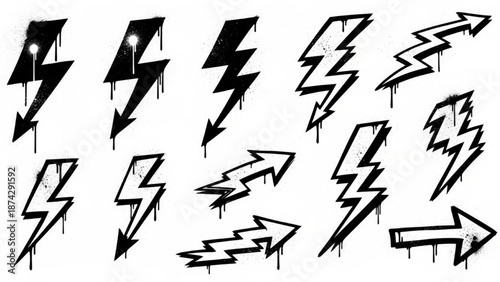 Urban Graffiti Lightning Bolt and Arrow Vector Illustration Sheet in Black Ink Grunge Punk Style