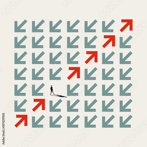A minimalist business vector concept illustration of a figure walking along a red arrow path against a grid of teal arrows, highlighting independence and innovative leadership skills.