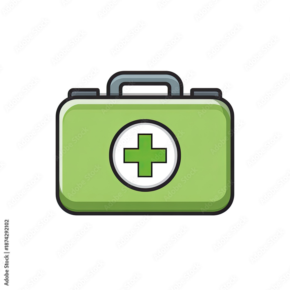 Fototapeta premium A cartoon-style illustration of a green first-aid kit against a black background