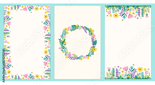 Set of three spring floral greeting cards with decorative borders and wreath. Fresh hand-drawn vector design with copy space, perfect for invitations, stationery, branding, and seasonal greetings