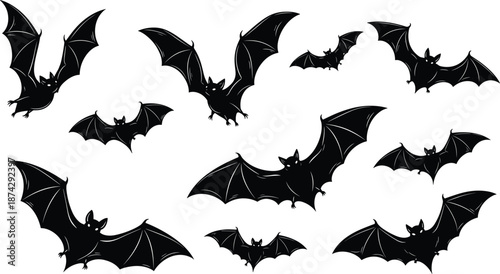 Bat silhouette vector set, flying nocturnal mammals collection, spooky wildlife illustration isolated on white background