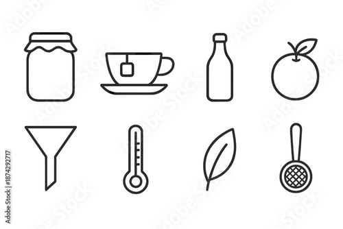 Food and beverage line icon set. Drinks, fruits, and kitchen tools outline collection
