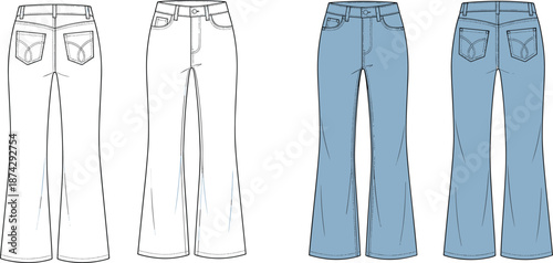 Flared jeans, front view, back view, high waist, belt loops, pocket stitching, fashion sketch, flat vector illustration