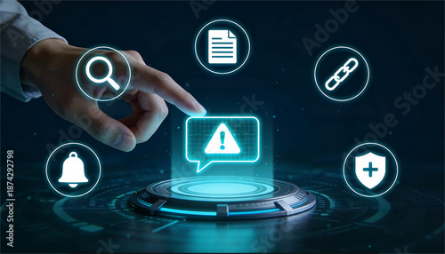 Hand activating cyber alert notification dashboard with warning message bubble and icons for search documents monitoring security protection and incident response management