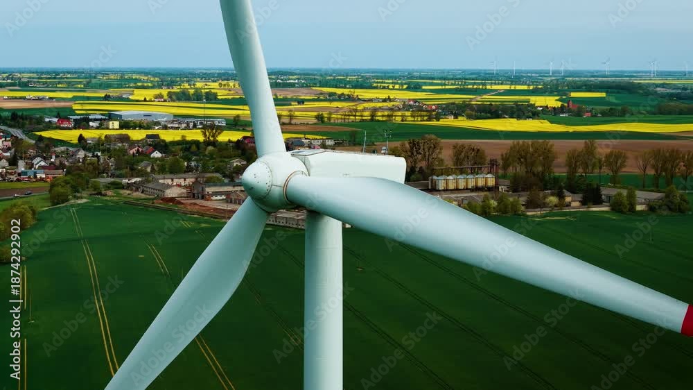 Wind turbine rotor blades spinning over farmland generating clean ...