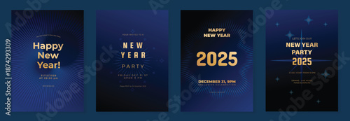 Merry Christmas and Happy New Year gold luxury poster vector set. Navy blue color cover template with sparkle, star, firework, gradient. Happy holiday illustration for greeting card, invitation.