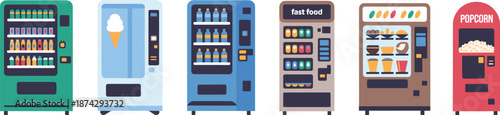 Isometric vending machine set illustration featuring snacks drinks fast food ice cream popcorn automated retail dispenser vector design modern collection