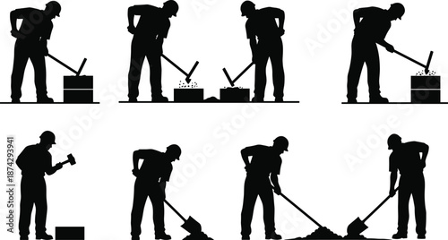 Construction worker silhouette vector set, manual labor hammer shovel poses, industrial work illustration isolated background