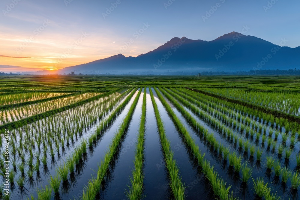 Fototapeta premium Farm Plantation Solitude concept. Vibrant rice fields under a sunset with mountains in the background.
