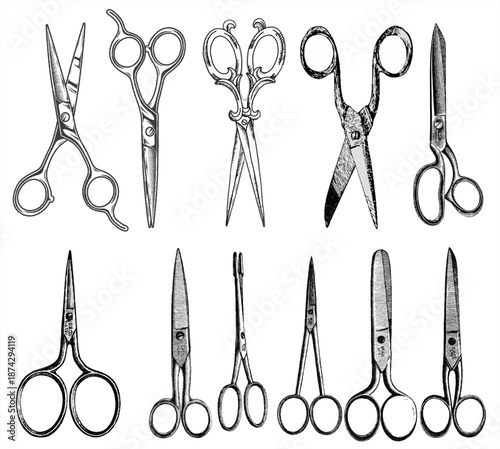 Collection of vintage scissors illustrations in black and white, featuring sewing, barber, and craft cutting tools with detailed retro style, perfect for design, print, and graphic resources