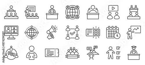 conference outline icon pack collection of conference, audience, event, seminar, professional, presentation, meeting, lecture, speaker, workshop icon