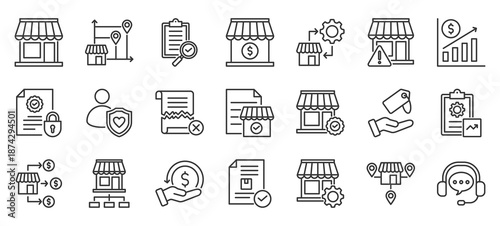 license and franchise outline icon pack collection of franchise, business, license, growth, management, retail, store, profit, commercial, product icon