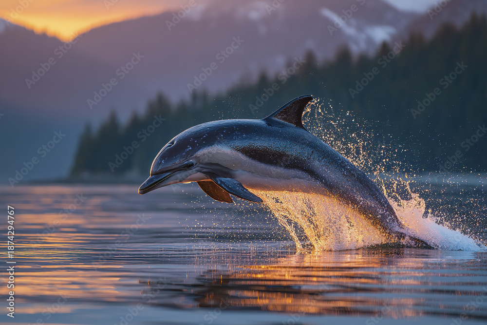 Obraz premium Dolphin jumping out of water at sunset with mountain and forest background, water splashing and glowing in warm light creating lively and dynamic scene