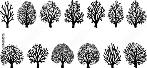 Bare tree silhouette vector set, leafless winter forest elements, nature illustration isolated on white background
