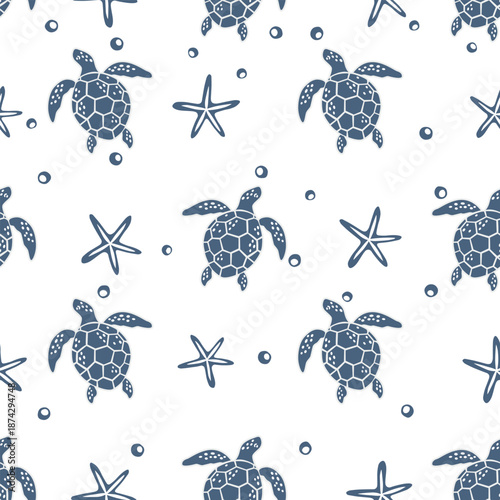 Seamless pattern with turtle and starfish