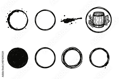 Wine, beverage line icon set. Vinery, grapes and barrel outline icons collection