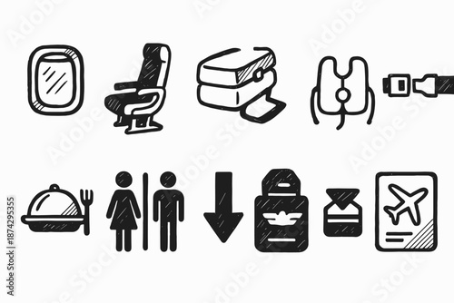 Air travel linear icon set for menu, passport, and airplane essentials