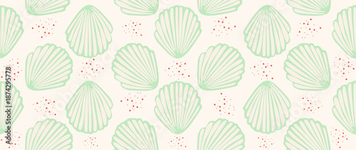 Vector flat illustration. Seamless sea shells. In cartoon style. Cute print. Perfect for gift wrapping, posters, covers, screensavers and textile decor.