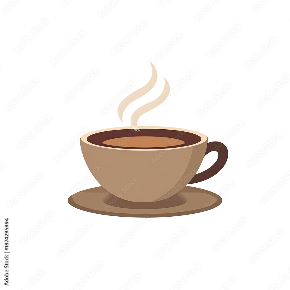 Obraz premium A cartoon-style illustration of a steaming cup of brown beverage on a matching saucer