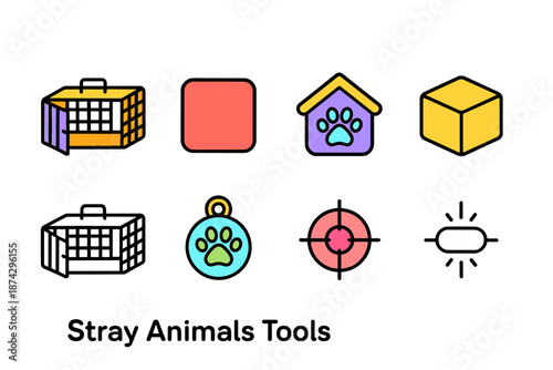 Stray animals tools icon set: pet care and rescue line icons collection