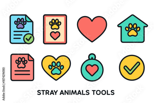 Stray animals support flat icon set. Adoption, shelter, rescue icons for animal welfare.