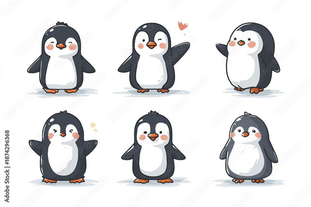 Fototapeta premium Cute penguin character set with friendly expressions and playful poses, showing adorable emotions and charm in simple cartoon style on white background