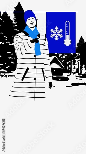 Animated illustration of winter weather forecast with snowflake and thermometer icons. Concept of cold weather, temperature, winter season, climate information and seasonal forecast.
