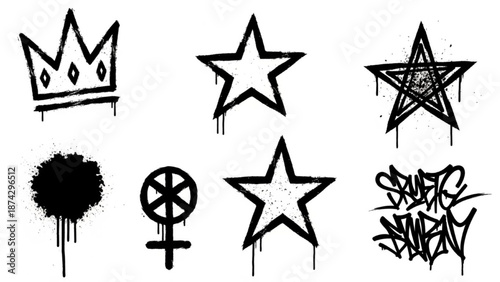 Urban Graffiti Crown, Star and Abstract Symbols Vector Illustration Sheet in Black Ink Grunge Punk Street Art Style