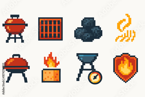 Barbecue pixel art icon set. Unique bbq, grill, cooking icons in retro pixel style