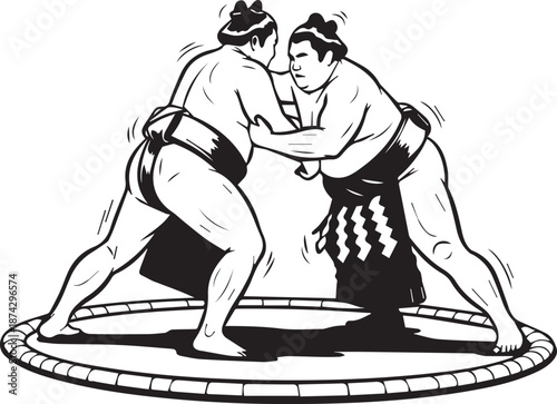 Sumo Wrestlers Match Illustration, Japanese Traditional Martial Arts Line Art Vector