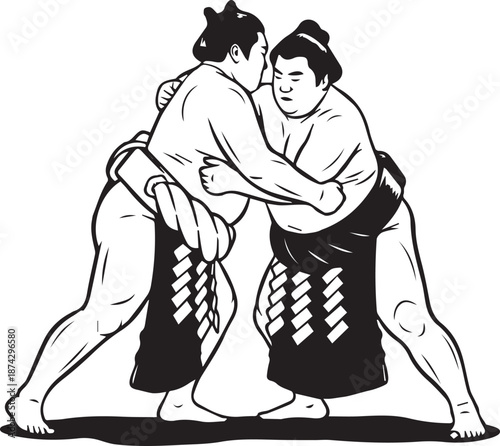 Sumo Wrestlers Grappling Illustration, Traditional Japanese Martial Arts Vector Line Art