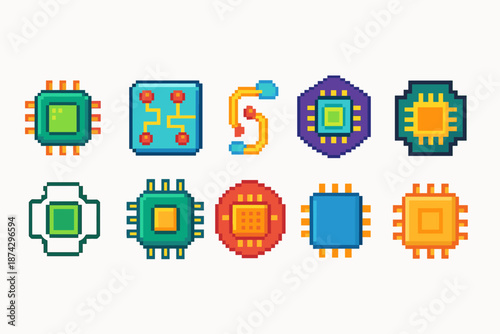 Pixel art electronics icon set. Circuit, chip, hardware in pixelated style.