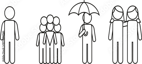 Set of Social Interaction Outline Icons Featuring Friendship Community Support and Individual Character for Human Relation Design.