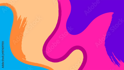 Abstract modern background with dynamic wavy shapes in blue, purple, orange, and pink tones. Artistic brush stroke texture creates a vibrant, creative, and contemporary feel