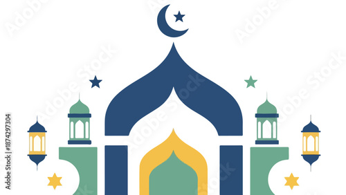 Modern Flat Islamic Mosque Arch Illustration with Hanging Lanterns and Crescent Moon