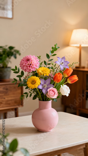 Colorful Floral Bouquet in Pink Vase: Cozy Indoor Tabletop Arrangement