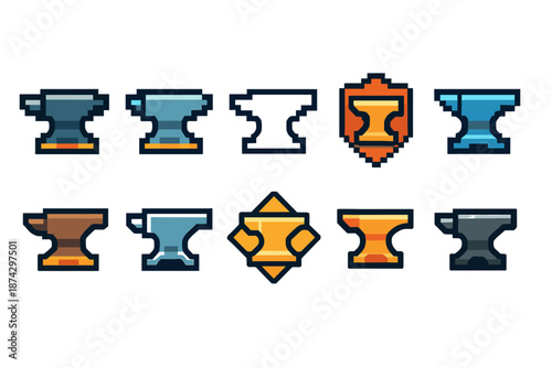 Anvil, forging pixel icon set. Blacksmith tools pixel art collection.