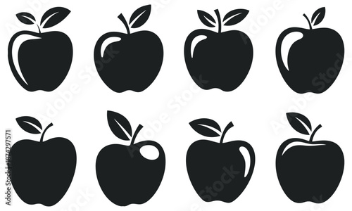 Apple vector silhouette illustration, black color, simple fruit icon, isolated on white background, minimalistic design, healthy food concept, modern graphic.
