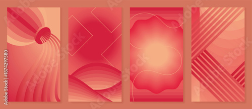 Happy Chinese New Year vector background set with lantern, chinese sea wave gold line, pattern on red orange gradient. Festive holiday design for banners, posters, invitations and packaging.
