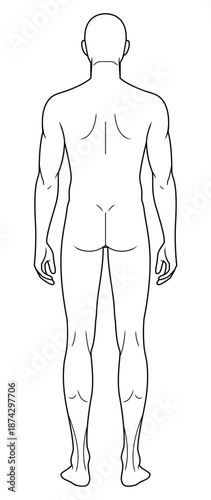 Basic 9-Head Male Fashion Figure Template. Man Body Croquis for Fashion Illustration and Technical Drawing. Back View. Neutral Standing Pose.